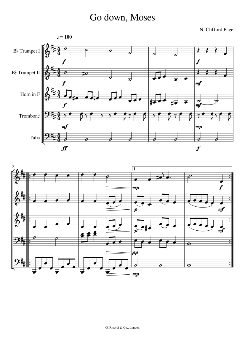 Go down, Moses Sheet music for Trombone, Tuba, Trumpet in b-flat, French  horn (Brass Quintet)