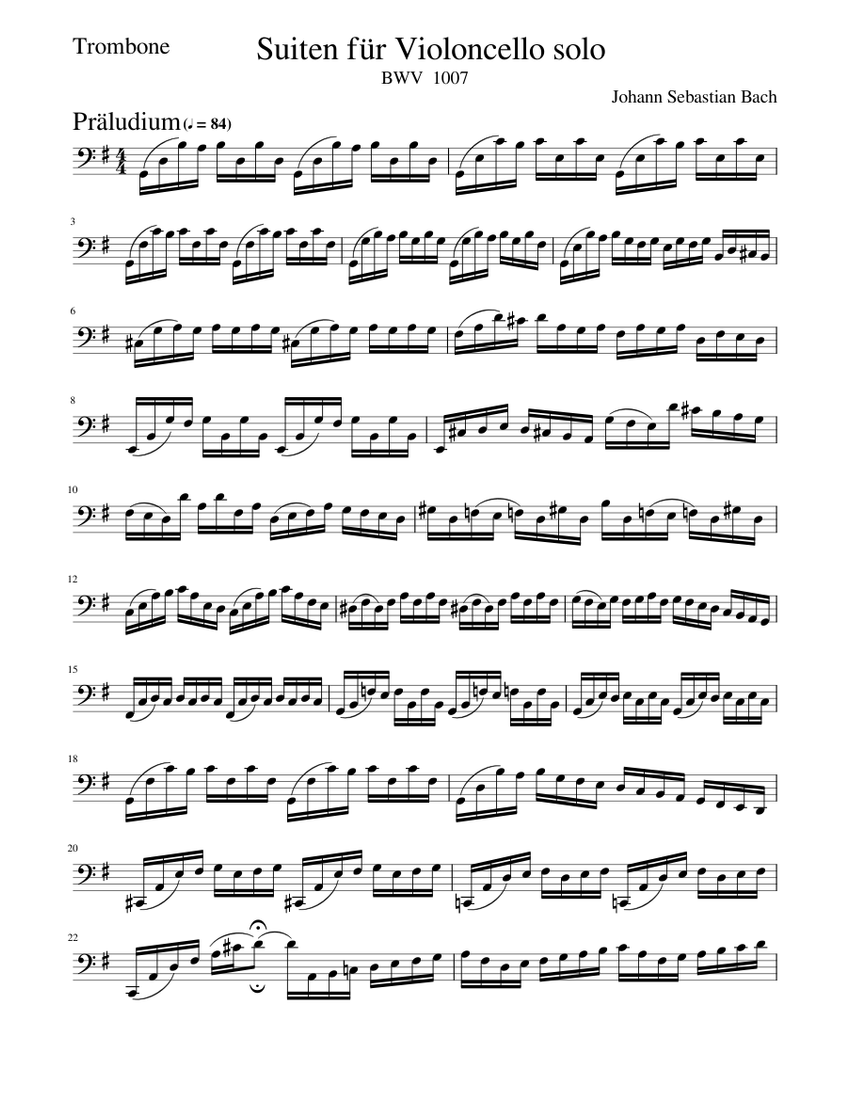 Cello Suite No.1 in G major BWV1007：I Präludium For Trombone Sheet music  for Trombone (Solo) | Musescore.com