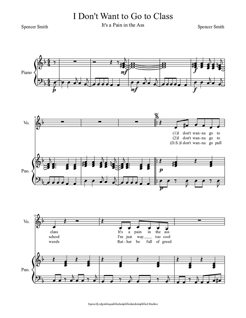 I Don't Want to Go to Class Sheet music for Piano, Voice (Other) (Piano ...