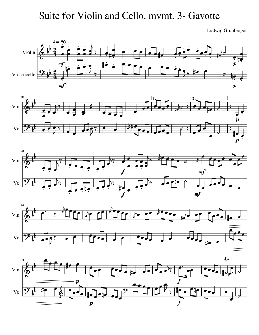 Suite for Violin and Cello, mvmt. 3: Gavotte Sheet music for Violin