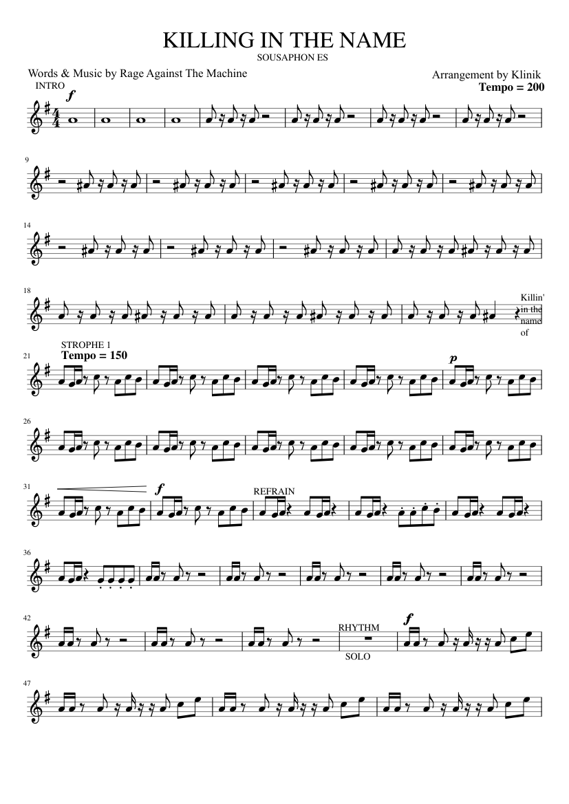 Killing in the name - Rage Against the Machine Sheet Music for