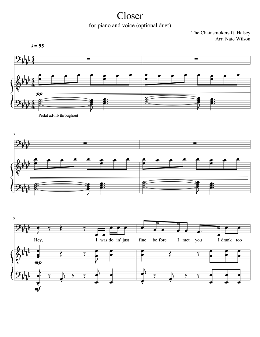 Closer - The Chainsmokers ft. Halsey (piano) Sheet music for Piano, Vocals ( Piano-Voice) | Musescore.com