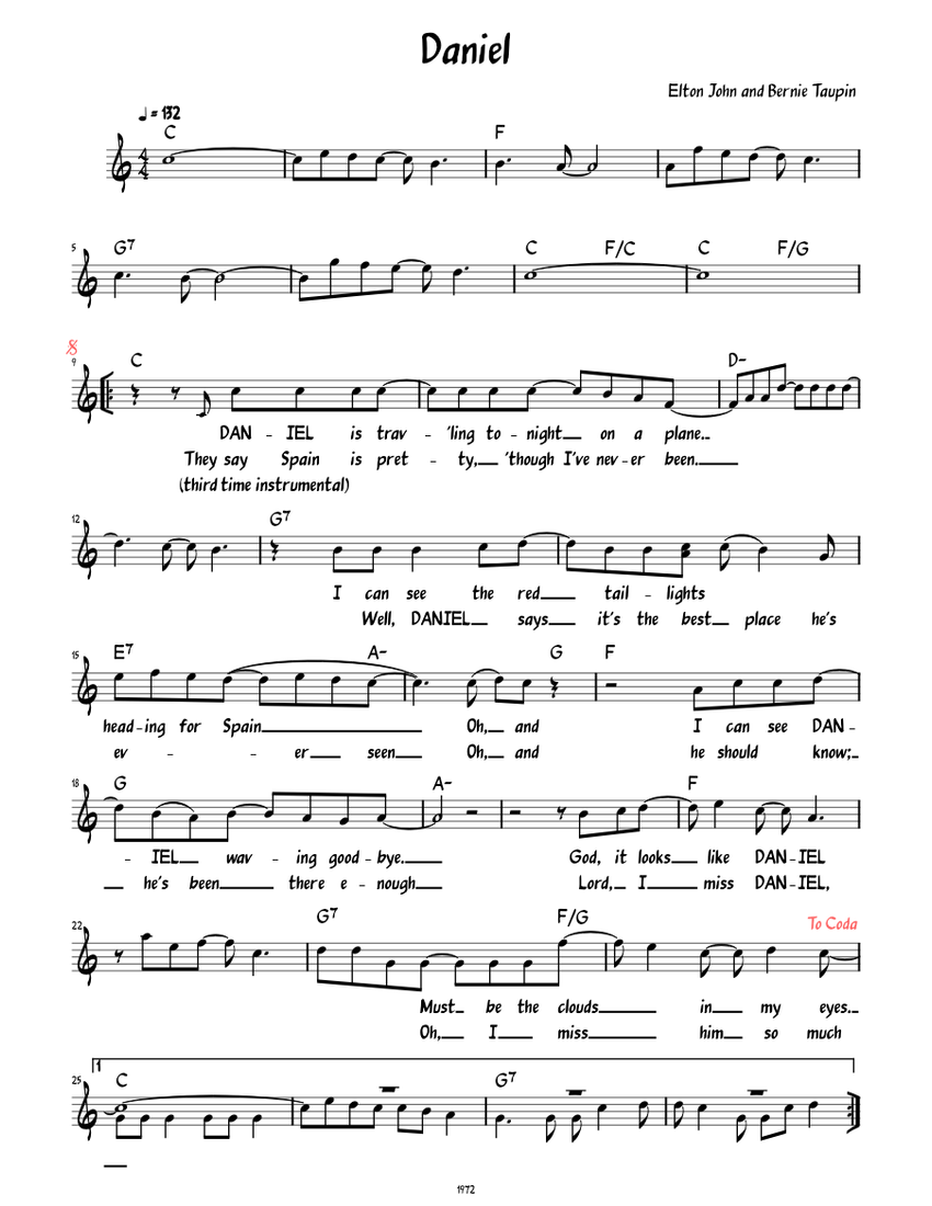 Daniel Tab Daniel (Lead sheet with lyrics ) Sheet music for Piano (Solo) Easy ...