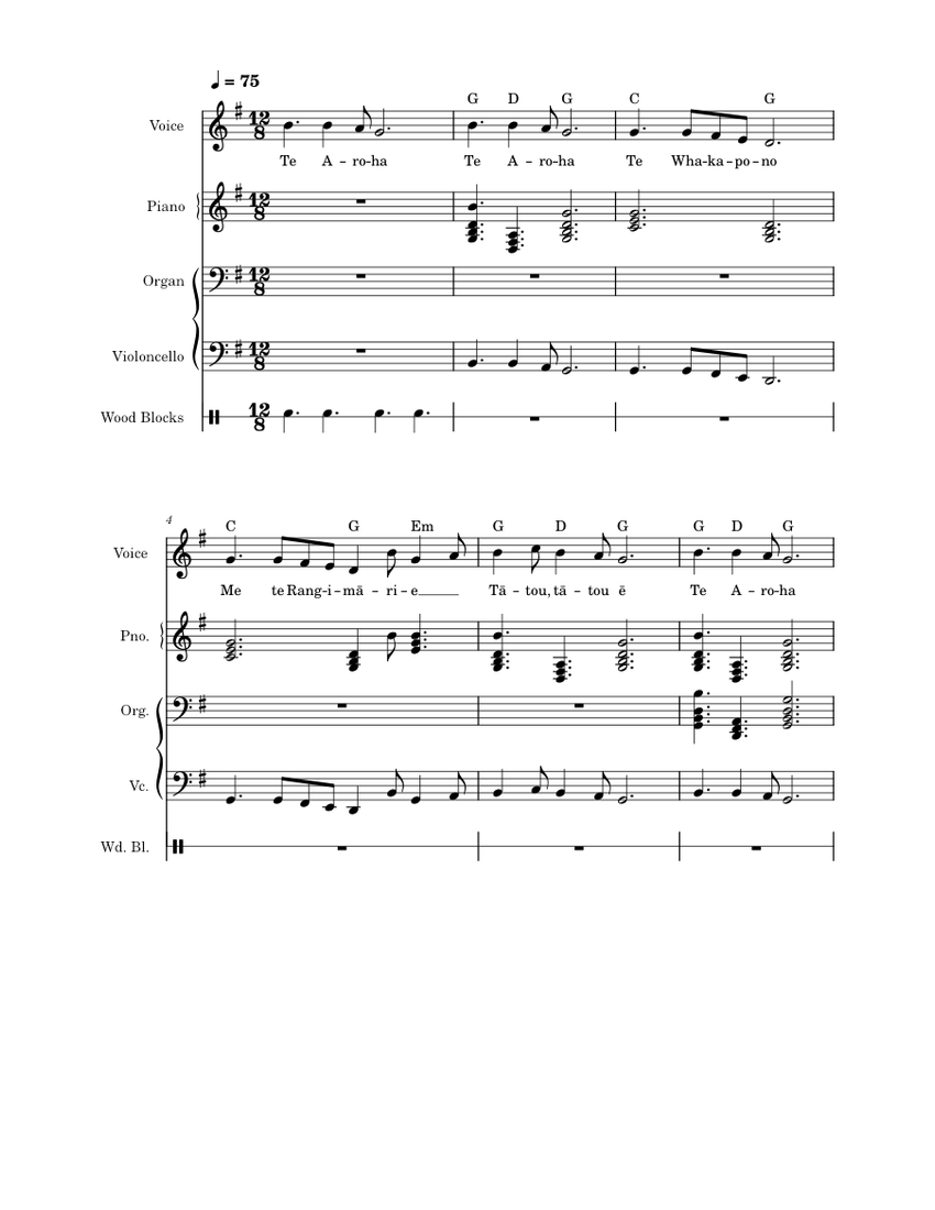 Te Aroha Sheet music for Piano, Organ, Cello, Woodblock (Mixed Quintet)