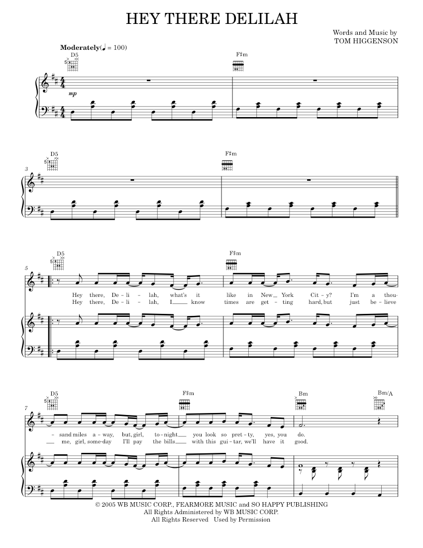 Play Official version of Hey there delilah Sheet Music by Plain White T's for Piano, Vocals ...