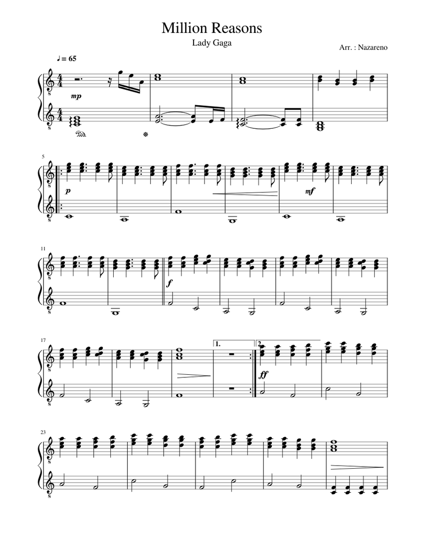 Million Reasons - Lady Gaga Sheet music for Piano (Solo) Easy |  Musescore.com