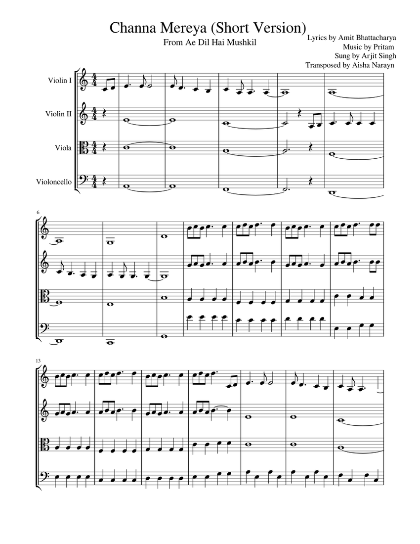 Channa Mereya Full Score Sheet Music For Violin Cello Viola String Quartet Musescore Com Channa mereya (ae dil hai mushkil) on percect piano. channa mereya full score sheet music