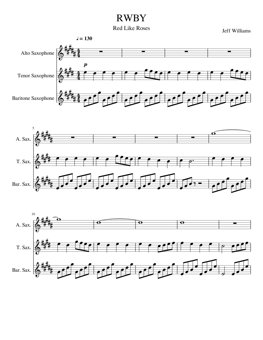 Red Like Roses Tab Rwby: Red Like Roses Sheet Music for Saxophone alto, Saxophone tenor ...