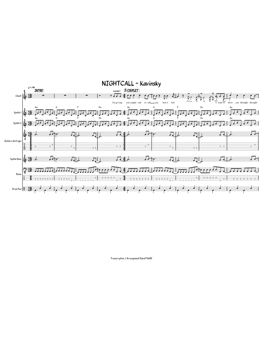 Nightcall - Kavinsky - Sheet music for Guitar, Bass guitar, Drum group,  Synthesizer & more instruments (Mixed Ensemble)