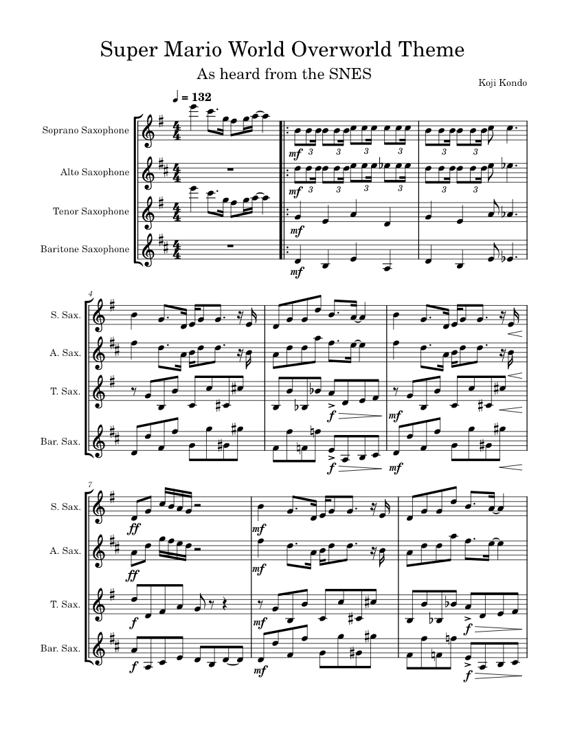 Super Mario World Overworld Theme (Saxophone SATB) Sheet music for ...