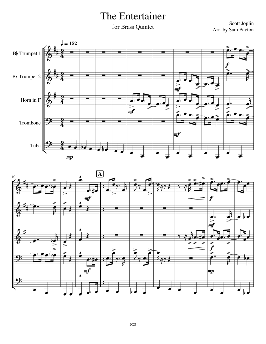 The Entertainer for Brass Quintet – Scott Joplin Sheet music for ...