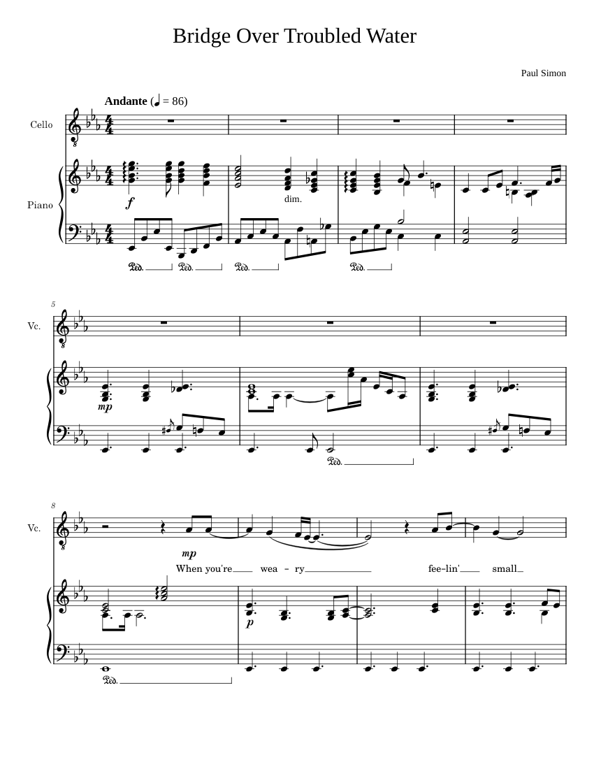 Bridge Over Troubled Water Sheet music for Piano, Cello (Solo) |  Musescore.com