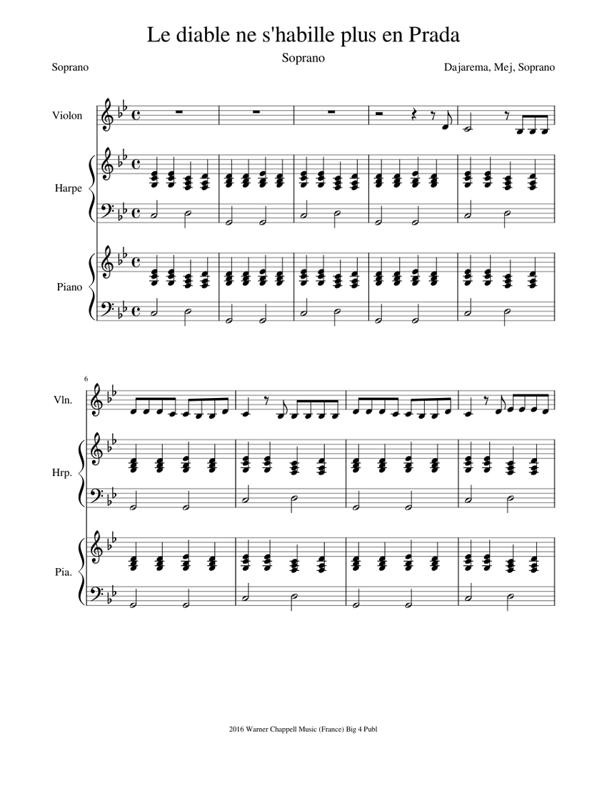 Le diable ne s habille plus en Prada - Soprano (complète) Sheet music for  Piano, Violin, Harp (Solo) | Musescore.com