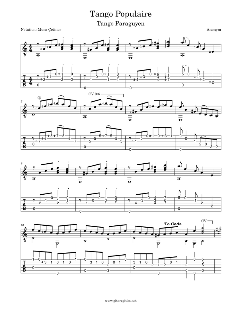 Tango Populaire Sheet music for Guitar (Solo) | Musescore.com