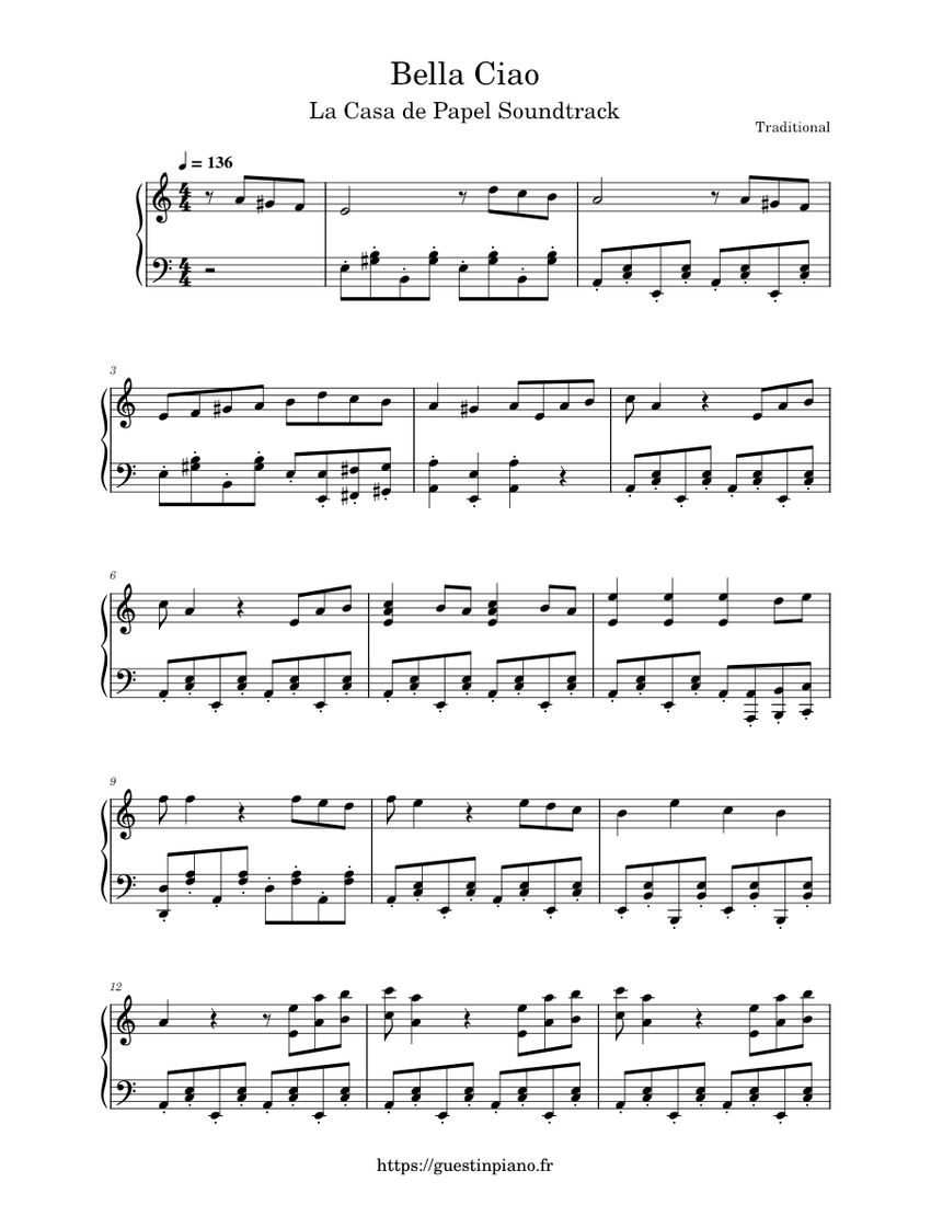 Bella Ciao - La Casa de Papel Sheet music for Piano (Solo) | Musescore.com
