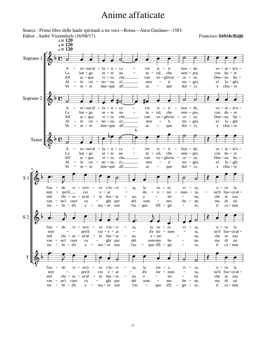 Anime affaticate Giovanni Animuccia Sheet music for Piano, Tenor