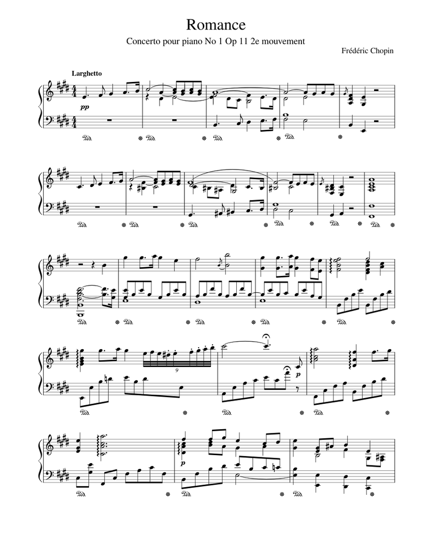 Chopin Piano Concerto No 1 Op 11 mouvement 2 Romance Larghetto Sheet ...