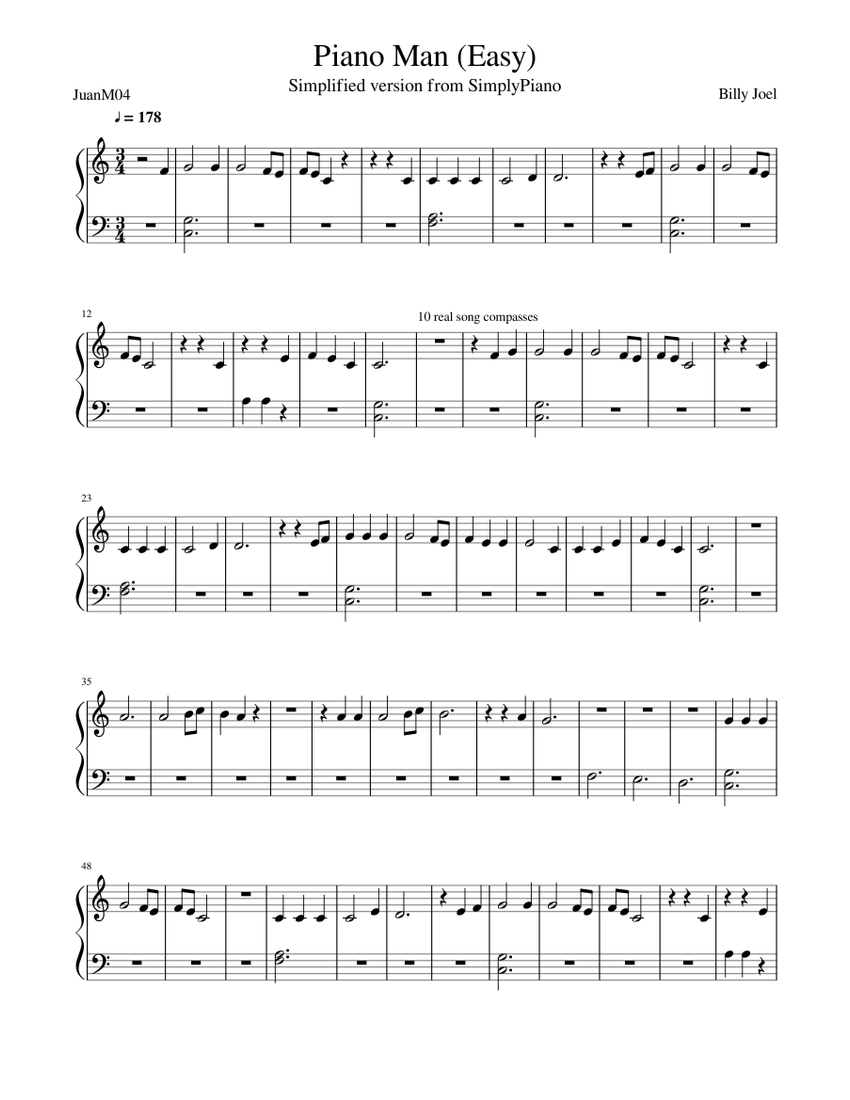 Piano Man (Easy) Sheet music for Piano (Solo) | Musescore.com