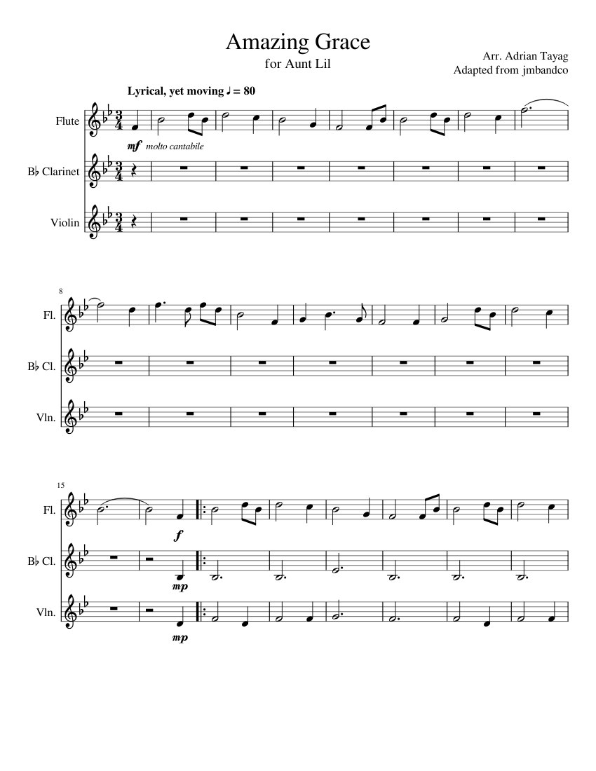Amazing Grace Sheet music for Flute, Clarinet in b-flat, Violin (Mixed  Trio) | Musescore.com