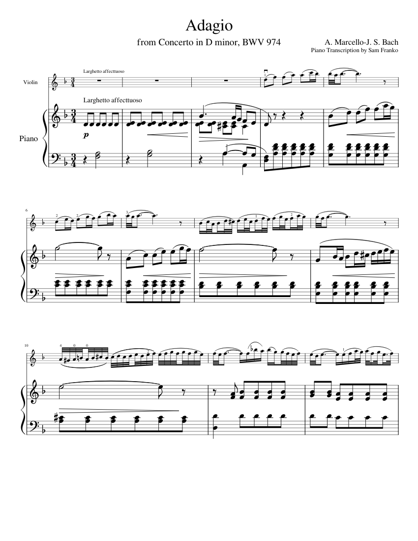 Adagio from Concerto in D minor BWV 974 by A. Marcello-J.S. Bach for Violin  and Piano Sheet music for Piano, Violin (Solo) | Musescore.com