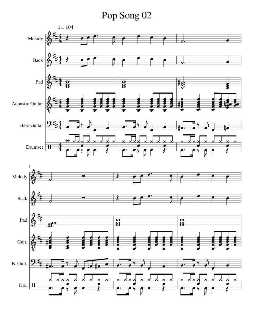 Pop song 02 Sheet music for Piano, Guitar, Bass guitar, Drum group 