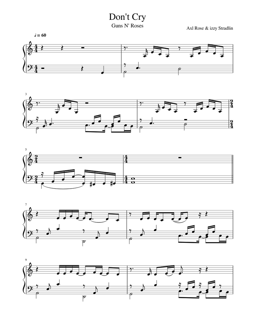 Guns N' Roses - Don't Cry (original) Sheet music for Piano (Solo) |  Musescore.com