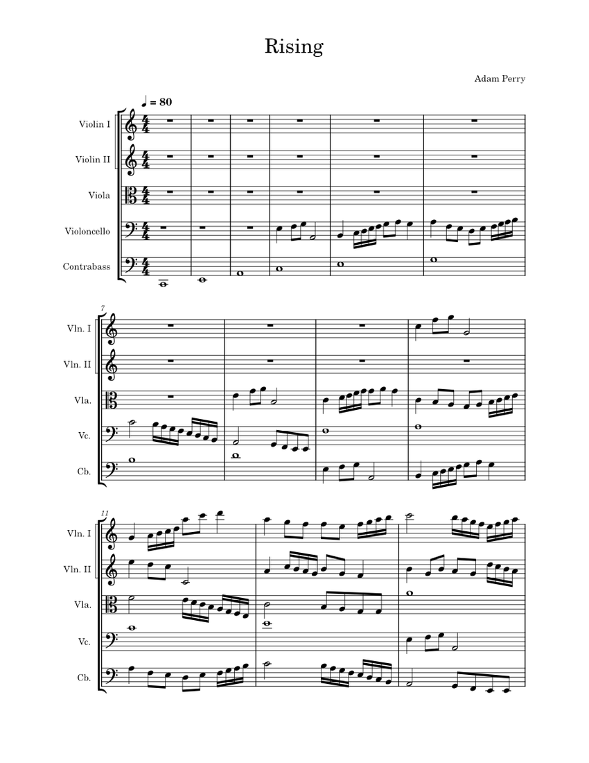 Rising Sheet music for Contrabass, Violin, Viola, Cello (String Quintet ...