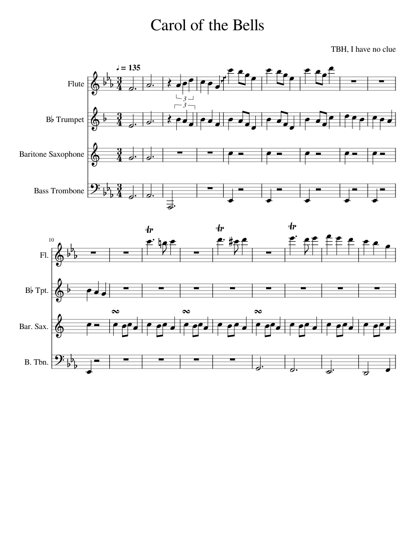 Carol of the Bells Sheet music for Trombone bass, Flute, Saxophone ...