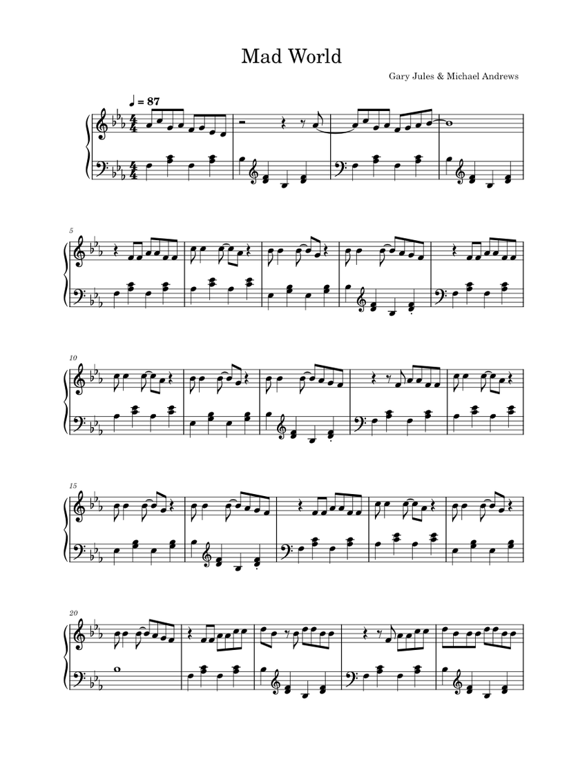 Mad World – Gary Jules and Michael Andrews Sheet music for Piano (Solo) |  Musescore.com