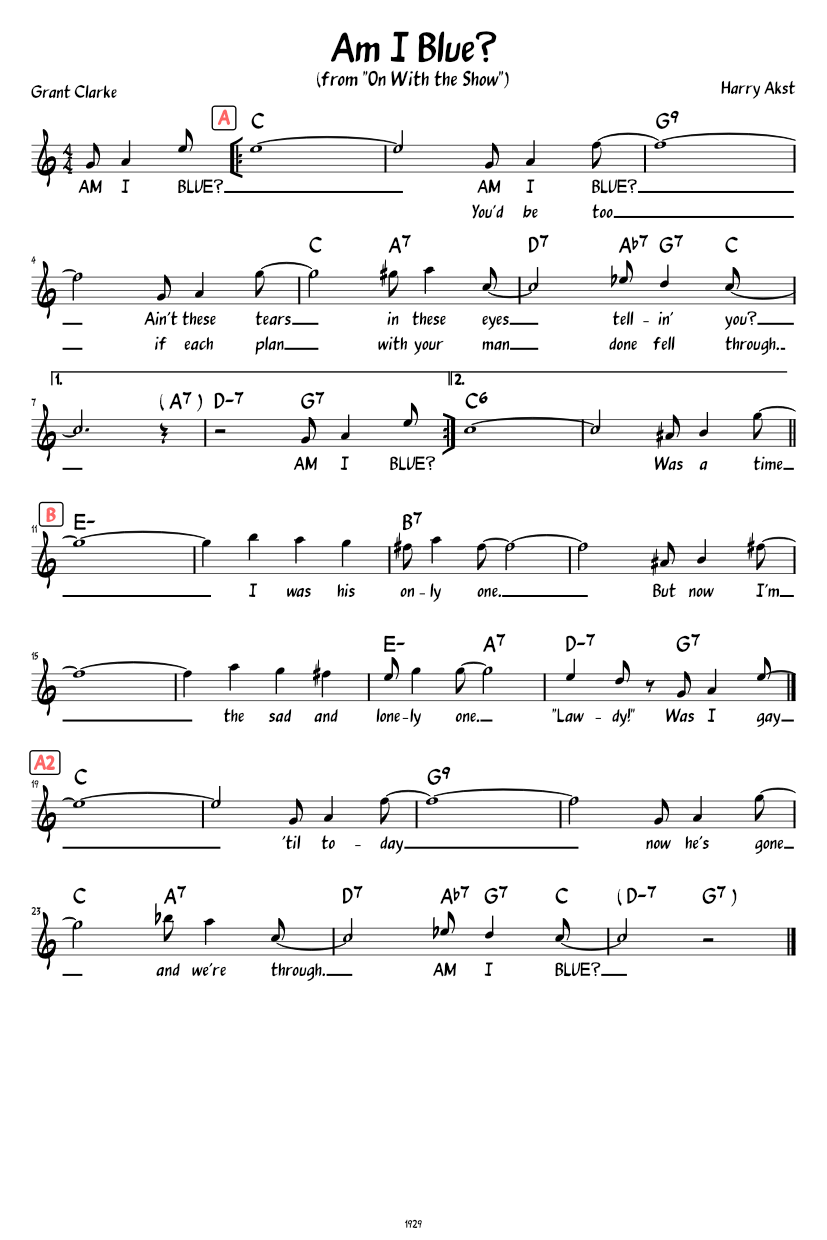 Am I Blue? (lead sheet and lyrics) Sheet music for Piano (Solo