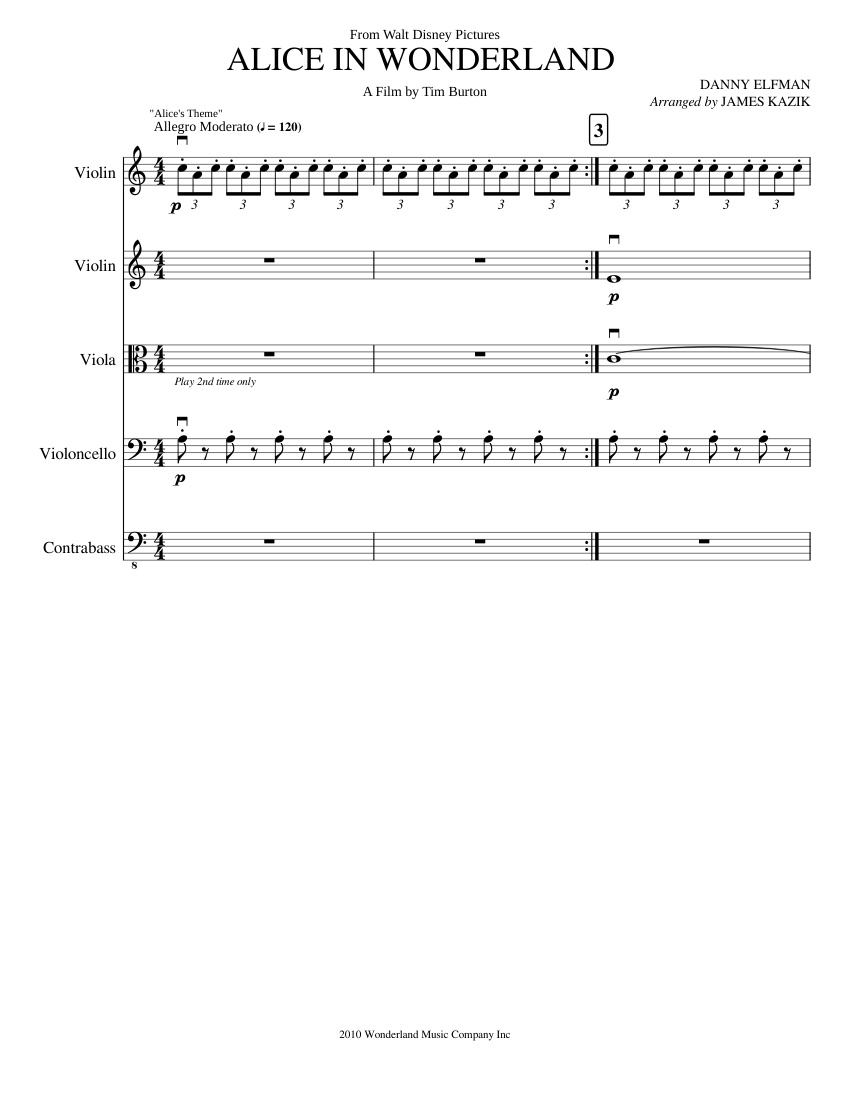 Alice in Wonderland by Danny Elfman/arr. James Kazik Sheet music for  Violin, Cello, Viola, Contrabass (String Quintet) | Musescore.com