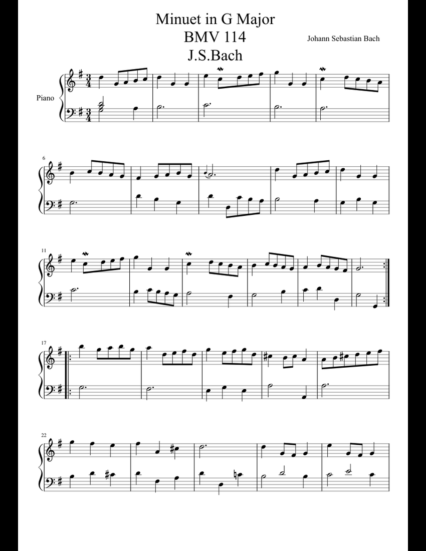 Minuet In G Major BMV 114 J.S.Bach Sheet Music For Piano (Solo ...