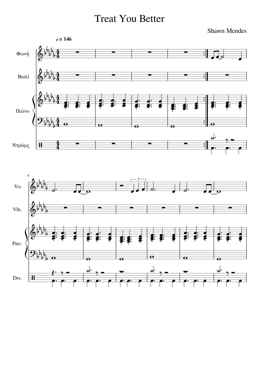 Treat You Better Sheet music for Piano, Vocals, Violin, Drum group (Mixed  Quartet) | Musescore.com