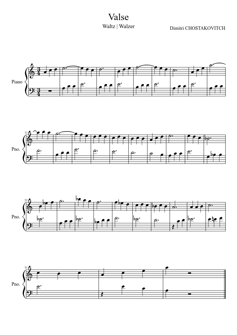 Valse Dimitri CHOSTAKOVITCH Sheet music for Piano (Solo) | Musescore.com