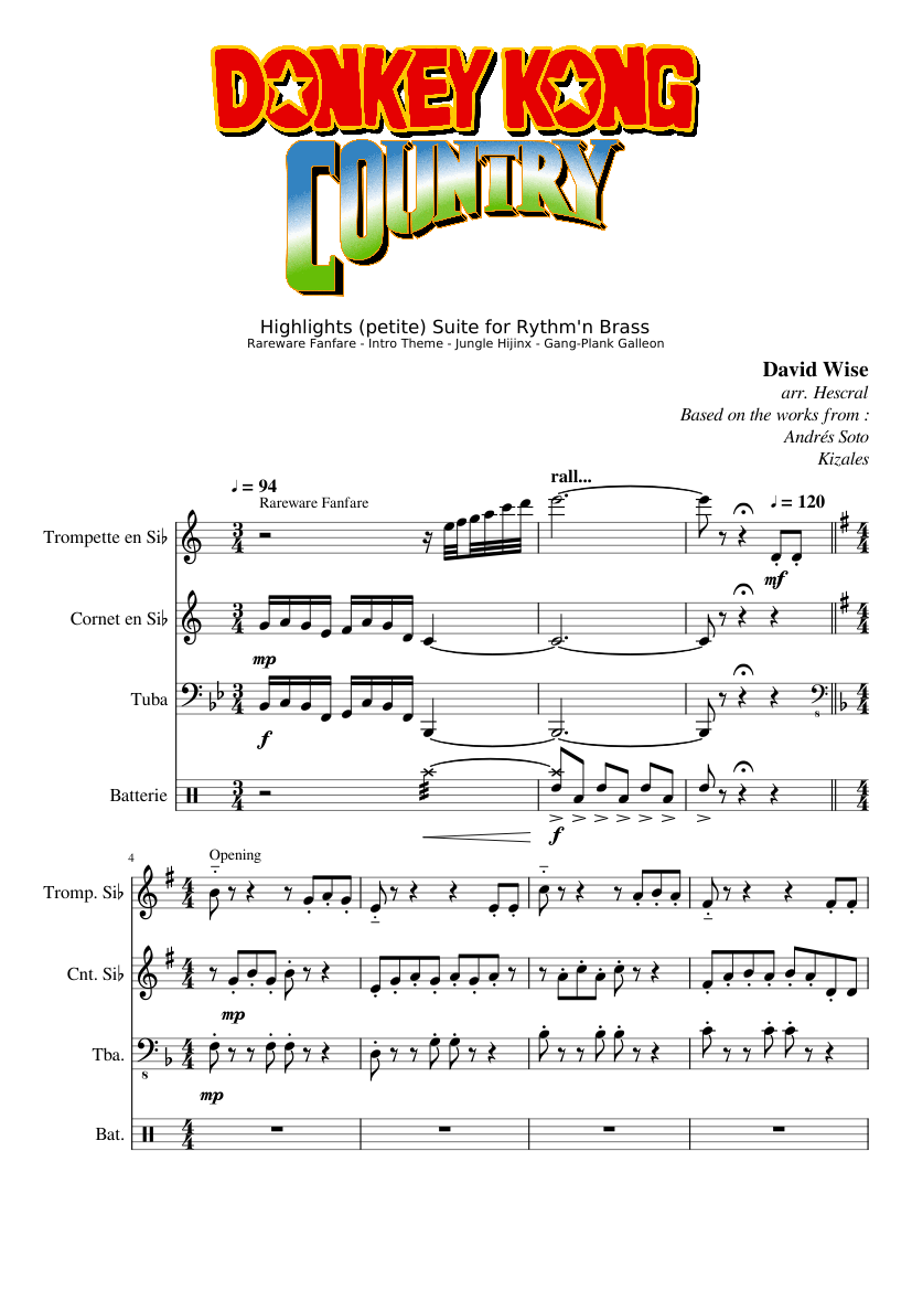 Donkey Kong Country - Highlights (petite) Suite for Rythm'n Brass Sheet  music for Cornet, Tuba, Trumpet in b-flat, Drum group (Mixed Quartet)