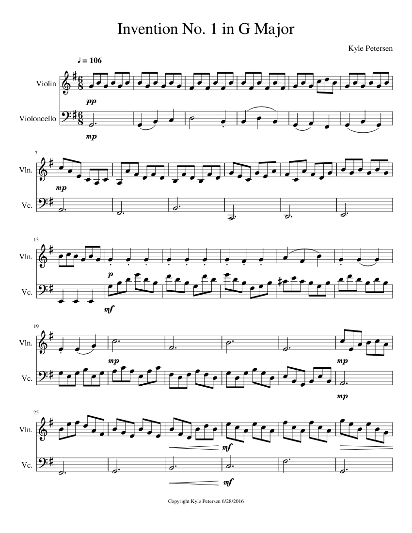 Invention No. 1 in G Major Sheet music for Violin, Cello (String Duet ...