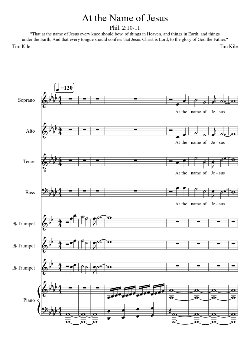 At The Name Of Jesus Sheet Music For Piano Bass Trumpet Mixed Quintet Download And Print In Pdf Or Midi Free Sheet Music With Lyrics Thrash Metal Musescore Com