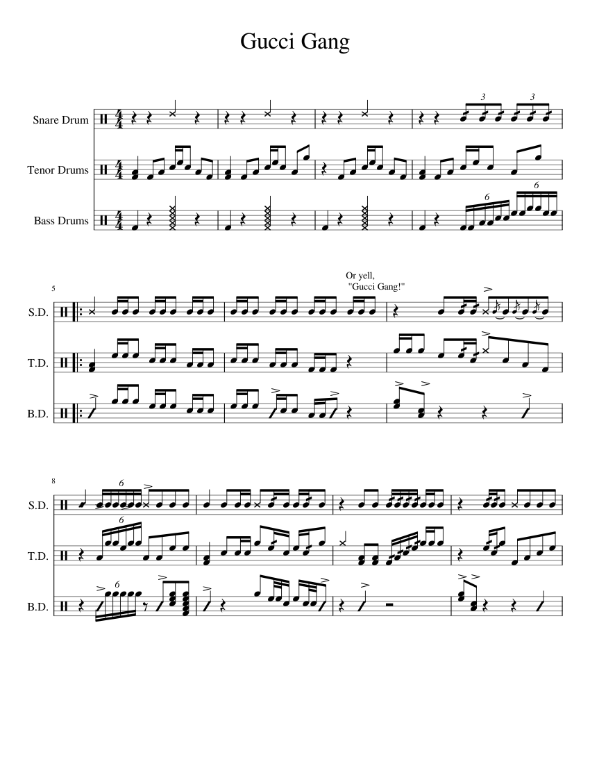 Gucci Gang Drumline Cadence Sheet music for Snare Drum, Bass Drum (Percussion Trio) | Musescore.com