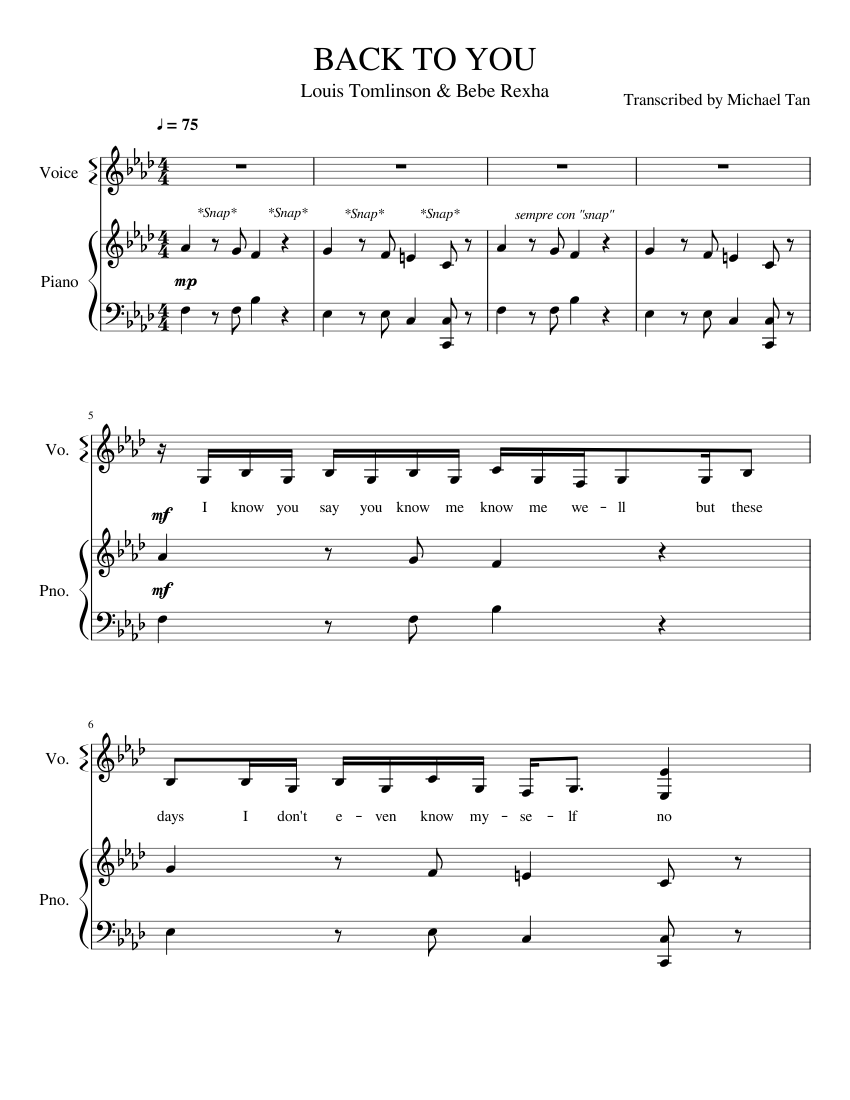 Louis Tomlinson Back To You Ft Bebe Rexha Sheet Music For Piano Vocals Piano Voice Musescore Com
