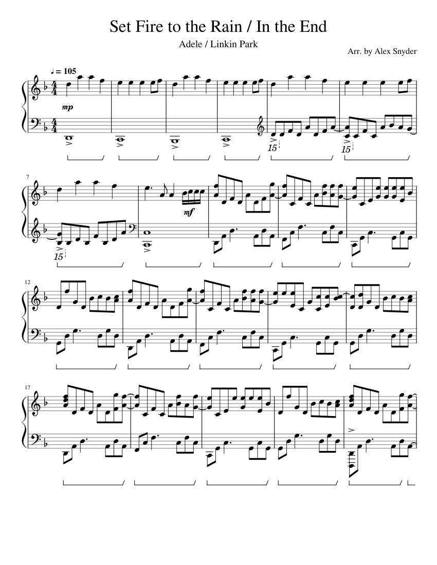 Set Fire to the Rain- Adele / In the End- Linkin Park Mashup Sheet music  for Piano (Solo) | Musescore.com