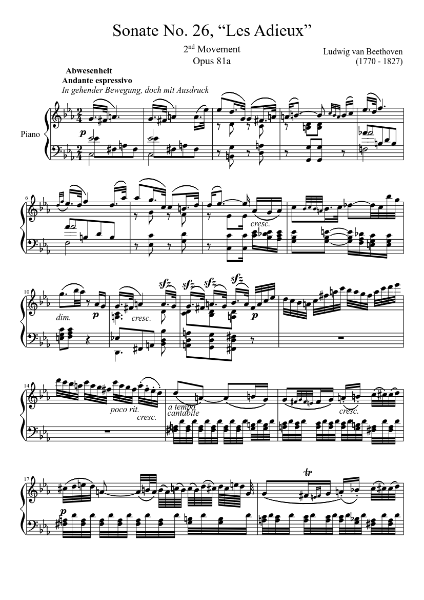 Sonate No. 26, “Les Adieux” 2nd Movement Sheet music for Piano (Solo) |  Musescore.com