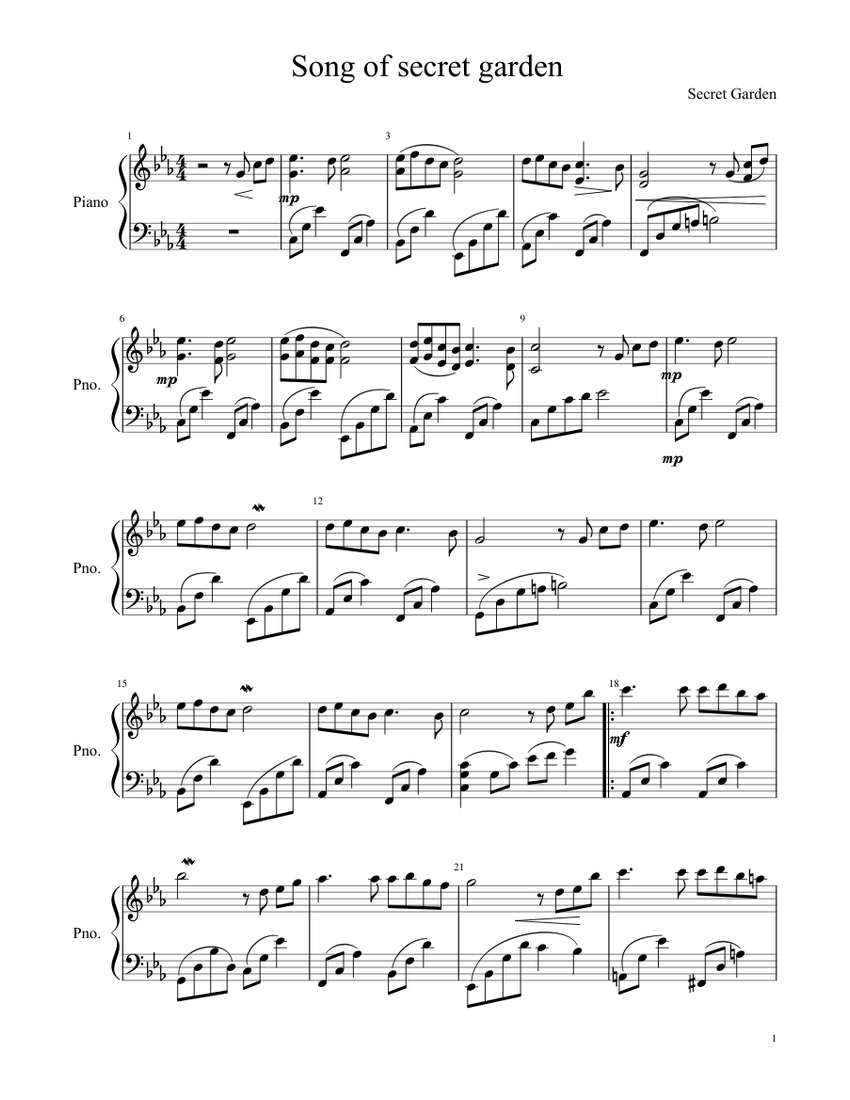 Song Of Secret Garden For Piano Sheet Music For Piano Solo Musescore Com