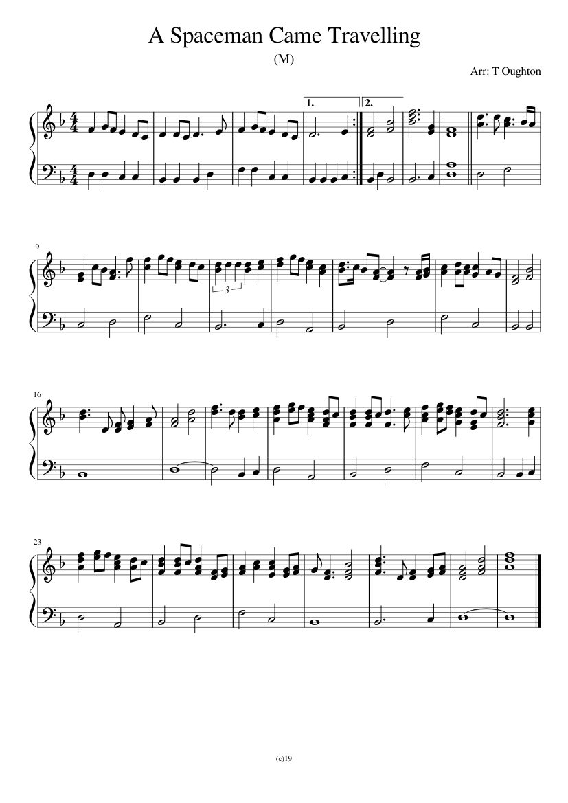 Spaceman Fitz Notes A spaceman came travelling – Chris de Burgh Sheet Music for Piano (Solo ...