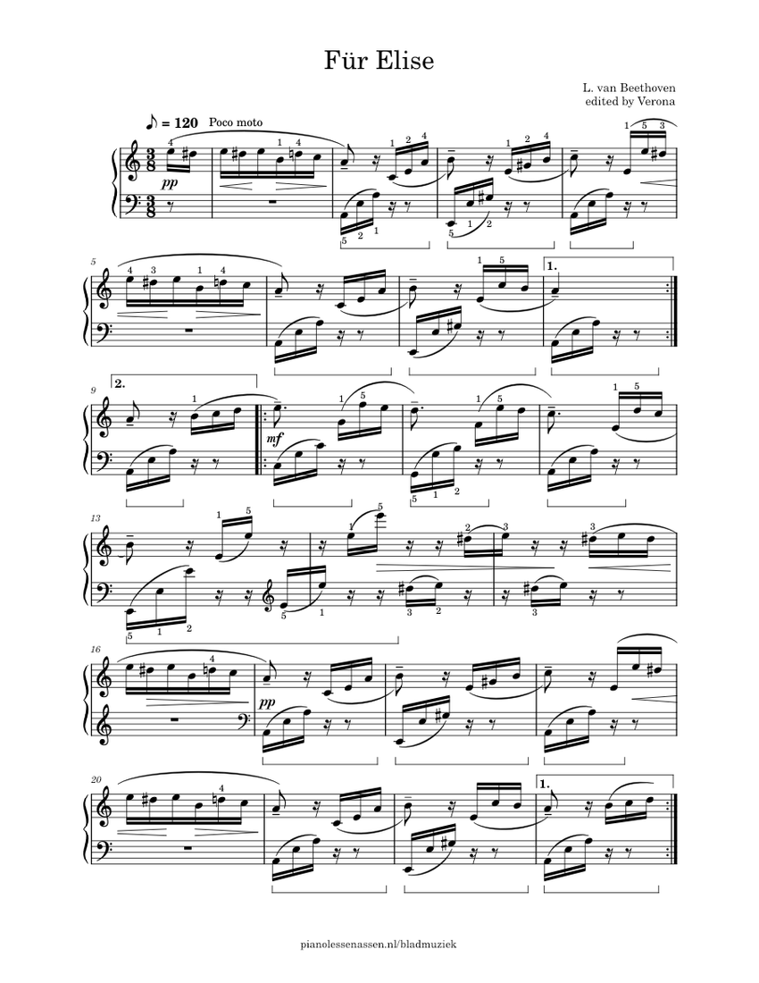 Für Elise Original (wider layout with fingering and pedal) Sheet music for  Piano (Solo) | Download and print in PDF or MIDI free sheet music for Für  Elise, WoO 59 by Ludwig
