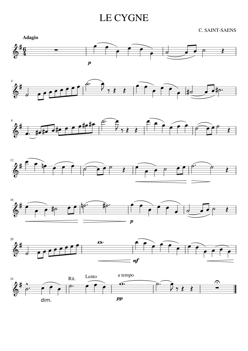 The Swan Violin C. Saint-Saens Sheet music for Violin (Solo) | Musescore.com