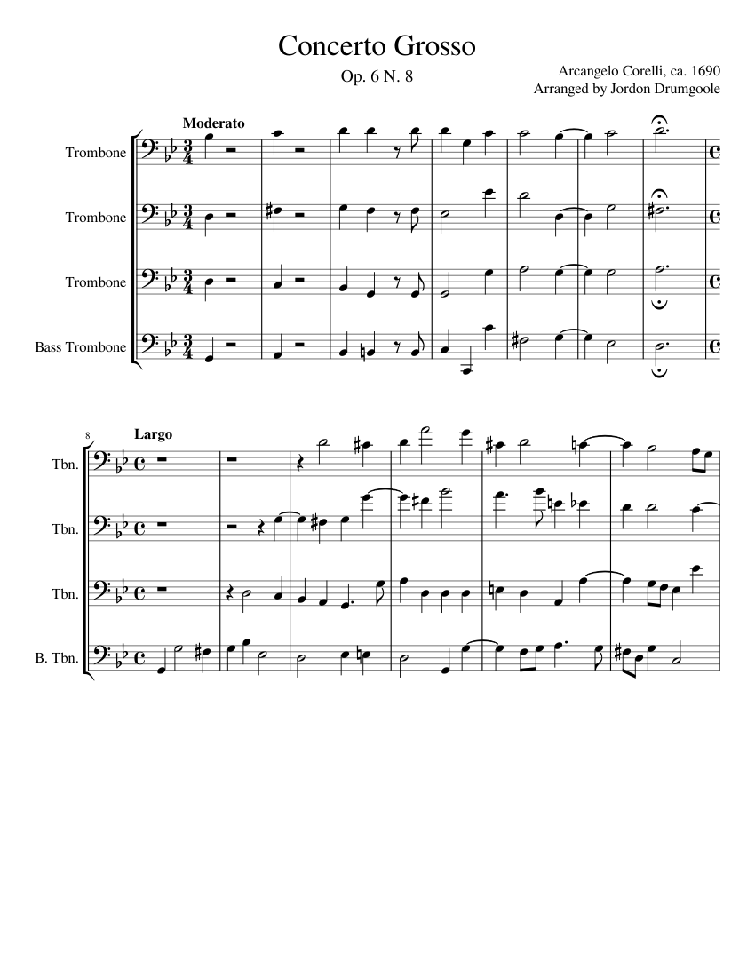 Concerto Grosso Op. 6 No. 8 for Trombone Quartet Sheet music for Trombone,  Trombone bass (Mixed Quartet) | Musescore.com