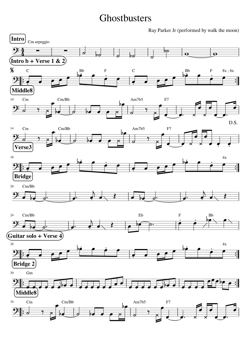 Ghostbusters (walk the moon) bass Sheet music for Piano (Solo) Easy ...