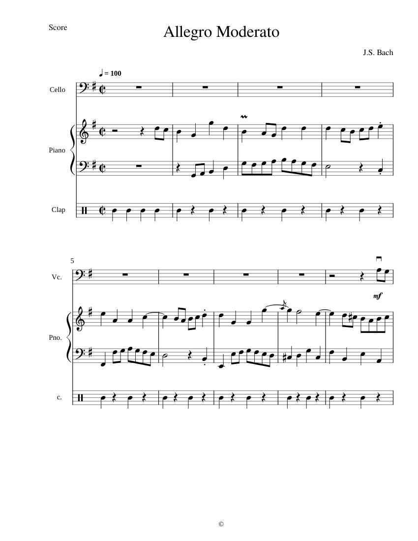 Allegro Moderato Sheet music for Piano, Cello, Hand clap (Mixed Trio ...