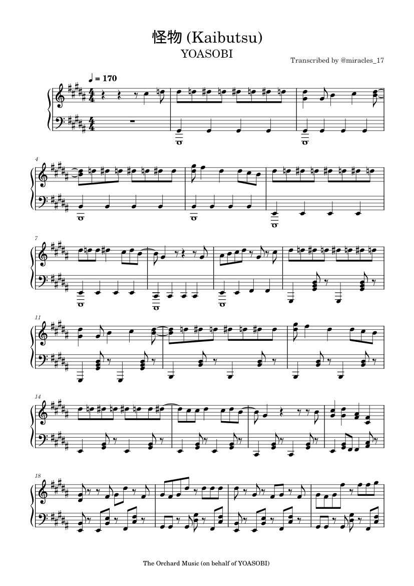 Kaibutsu – Yoasobi Sheet Music for Piano (Solo) | MuseScore.com