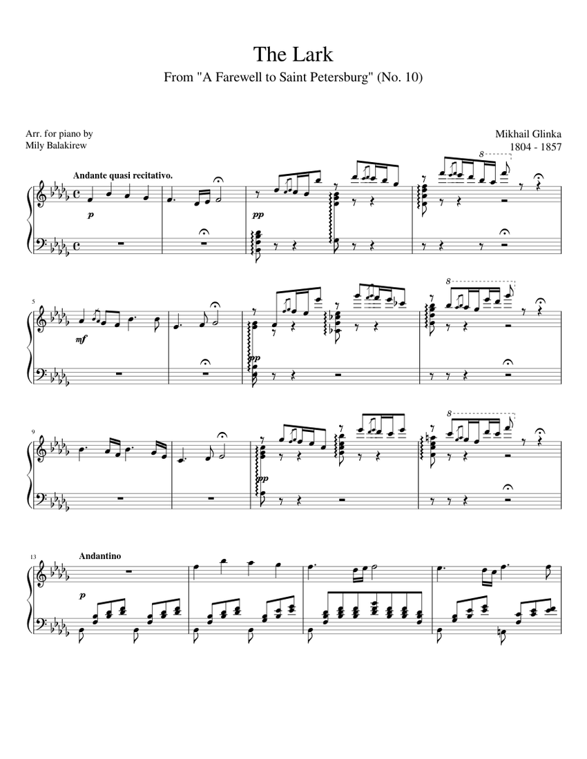 Glinka - The Lark from "A Farewell to Saint Petersburg" (No. 10) Sheet music  for Piano (Solo) | Musescore.com